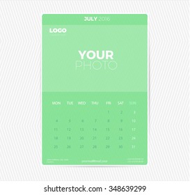 2016 calendar, monthly calendar template for July. Vector illustration.