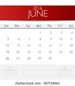 2016 calendar, monthly calendar template for June. Vector illustration.