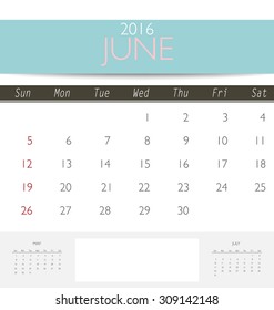 2016 calendar, monthly calendar template for June. Vector illustration.