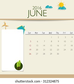 Calendario de 2016, plantilla de calendario mensual para junio. Ilustración vectorial.