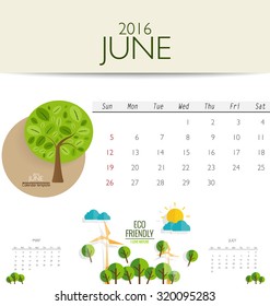 2016 calendar, monthly calendar template for June. Vector illustration.