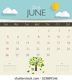 2016 calendar, monthly calendar template for June. Vector illustration.