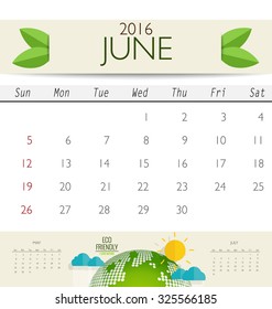 2016 calendar, monthly calendar template for June. Vector illustration.