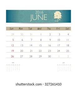 2016 calendar, monthly calendar template for June. Vector illustration.
