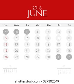 Calendario de 2016, plantilla de calendario mensual para junio. Ilustración vectorial.