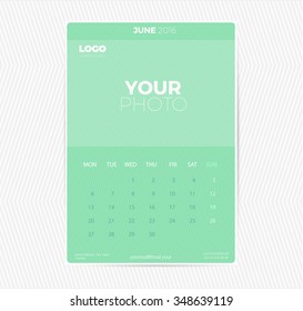 2016 calendar, monthly calendar template for June. Vector illustration.
