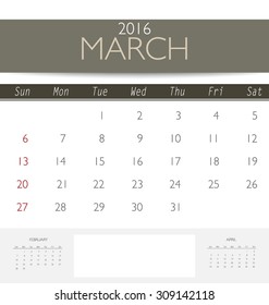 2016 calendar, monthly calendar template for March. Vector illustration.