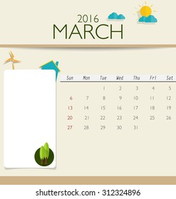 Calendario de 2016, plantilla de calendario mensual para marzo. Ilustración vectorial.