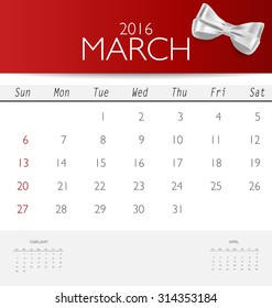 2016 calendar, monthly calendar template for March. Vector illustration.