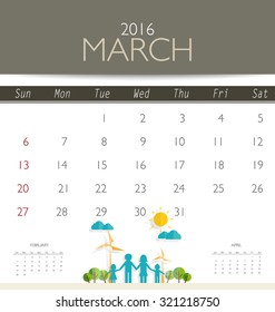 2016 calendar, monthly calendar template for March. Vector illustration.