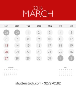 2016 calendar, monthly calendar template for March. Vector illustration.