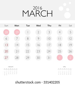 2016 calendar, monthly calendar template for March. Vector illustration.