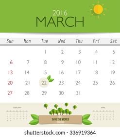 2016 calendar, monthly calendar template for March. Vector illustration.