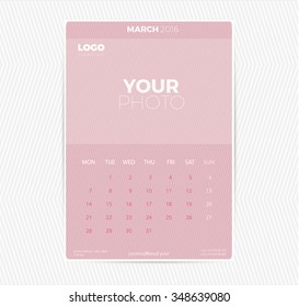 2016 calendar, monthly calendar template for March. Vector illustration.