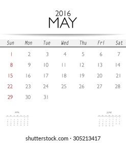 2016 calendar, monthly calendar template for May. Vector illustration.