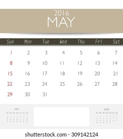 2016 calendar, monthly calendar template for May. Vector illustration.