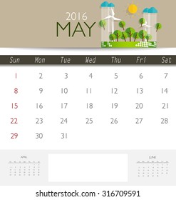 2016 calendar, monthly calendar template for May. Vector illustration.