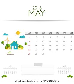 2016 calendar, monthly calendar template for May. Vector illustration.