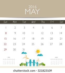 2016 calendar, monthly calendar template for May. Vector illustration.