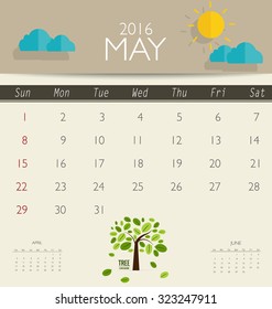 Calendário de 2016, modelo de calendário mensal para maio. Ilustração vetorial.