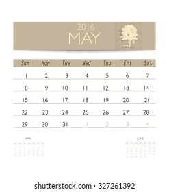 2016 calendar, monthly calendar template for May. Vector illustration.