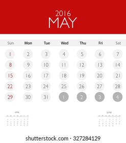 2016 calendar, monthly calendar template for May. Vector illustration.