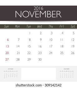 2016 calendar, monthly calendar template for November. Vector illustration.