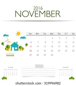 2016 calendar, monthly calendar template for November. Vector illustration.