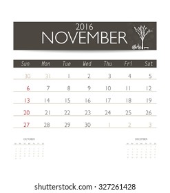 2016 calendar, monthly calendar template for November. Vector illustration.