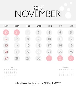 2016 calendar, monthly calendar template for November. Vector illustration.