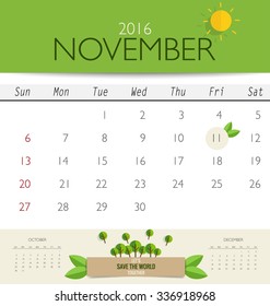 2016 calendar, monthly calendar template for November. Vector illustration.