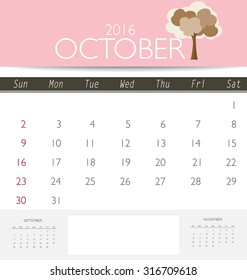 2016 calendar, monthly calendar template for October. Vector illustration.