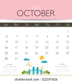 2016 calendar, monthly calendar template for October. Vector illustration.