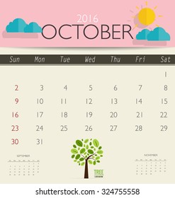 Calendario de 2016, plantilla de calendario mensual para octubre. Ilustración vectorial.