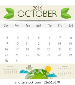2016 calendar, monthly calendar template for October. Vector illustration.