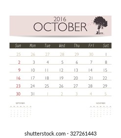 2016 calendar, monthly calendar template for October. Vector illustration.