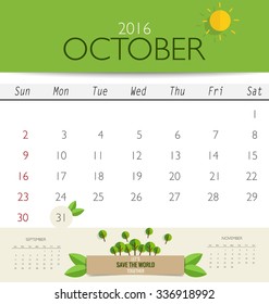 2016 calendar, monthly calendar template for October. Vector illustration.