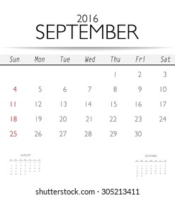 2016 calendar, monthly calendar template for September. Vector illustration.
