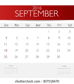 2016 calendar, monthly calendar template for September. Vector illustration.