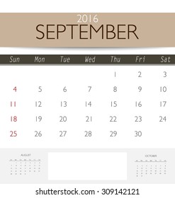 2016 calendar, monthly calendar template for September. Vector illustration.