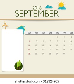 Kalender 2016, monatliche Kalendervorlage für September. Vektorgrafik.