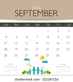2016 calendar, monthly calendar template for September. Vector illustration.