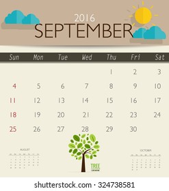 Calendario de 2016, plantilla de calendario mensual para septiembre. Ilustración vectorial.