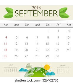 2016 calendar, monthly calendar template for September. Vector illustration.