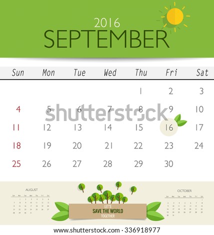 2016 calendar, monthly calendar template for September. Vector illustration.