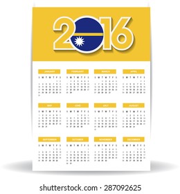 2016 Calendar - Nauru Country Flag Banner - Happy new Year calendar template - Week starts with Sunday - Vector illustration