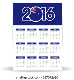 2016 Calendar - New Zealand Country Flag Banner - Happy new Year calendar template - Week starts with Sunday - Vector illustration