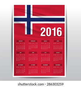 2016 Calendar - Norway Country Flag Banner - Happy new Year calendar template - Week starts with Sunday - Vector illustration