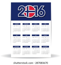 2016 Calendar - Norway Country Flag Banner - Happy new Year calendar template - Week starts with Sunday - Vector illustration