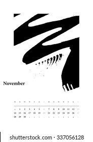 2016 Calendar November. Ready to print A3 format. The sounds of the year. Hand drawn grayscale spot illustrations. Full vector EPS 10.